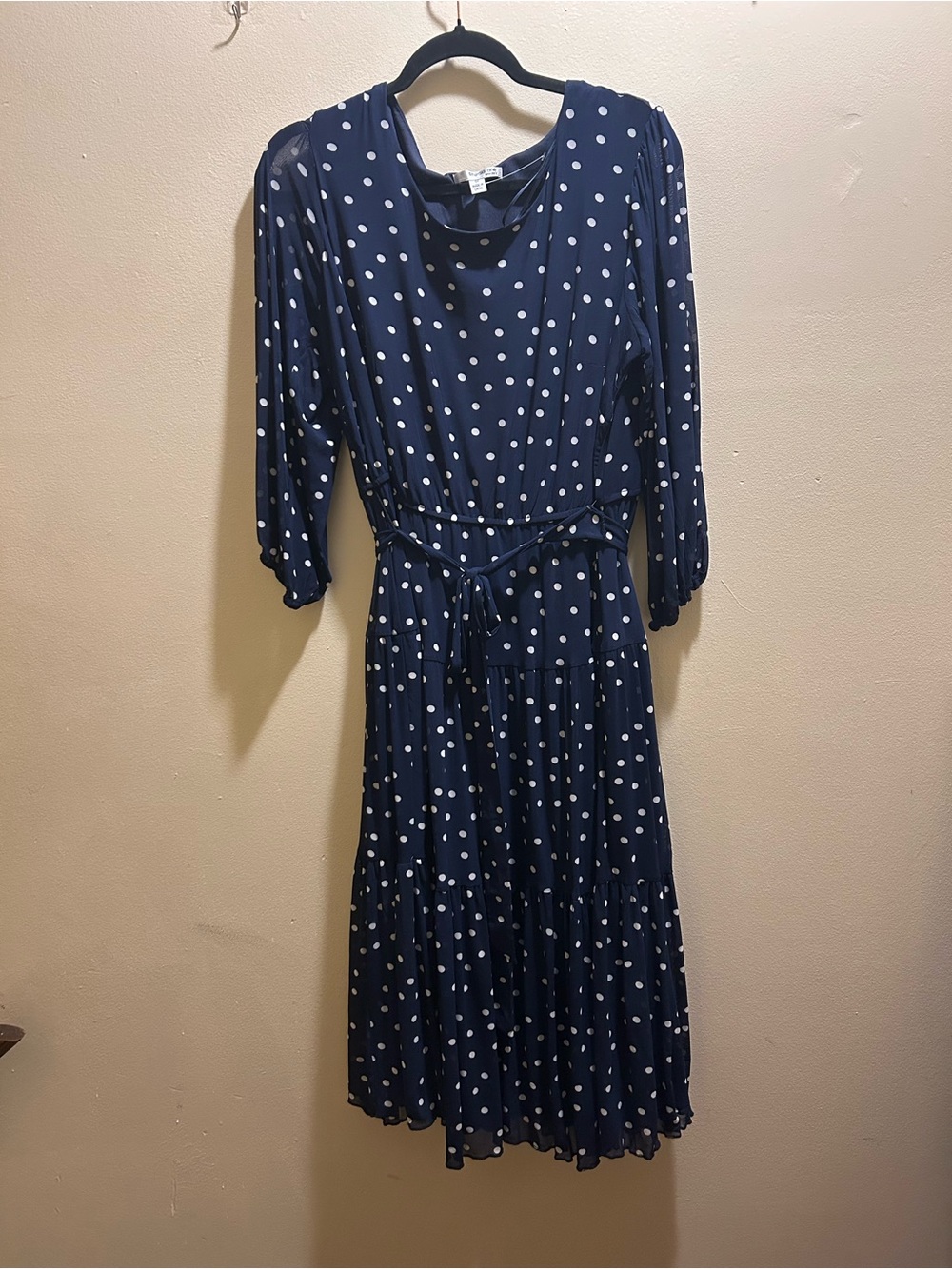 Navy Polka Dot Tie-Waist Midi Dress